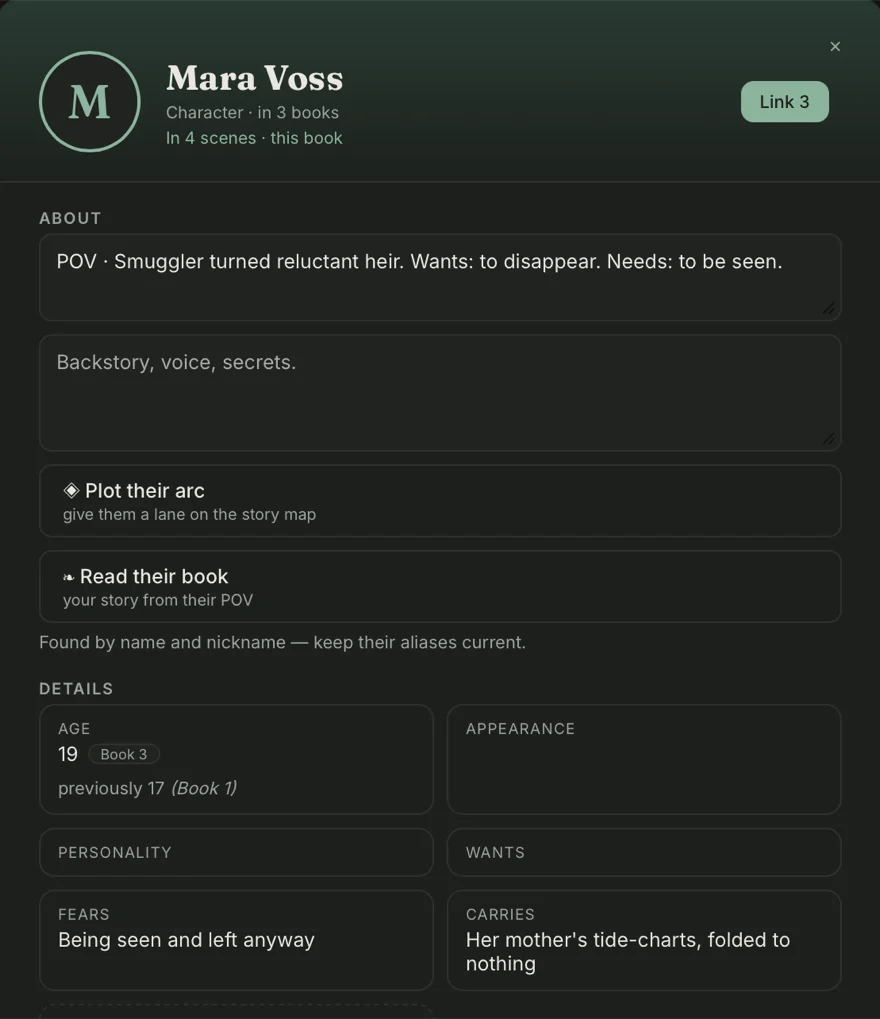A character card in Bramble: Mara Voss, with her role, age tracked per book, fears, and what she carries