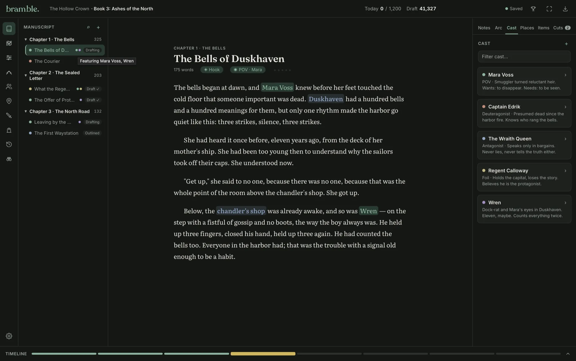 The Bramble app: a manuscript chapter open beside the cast panel, with every character one click from the page
