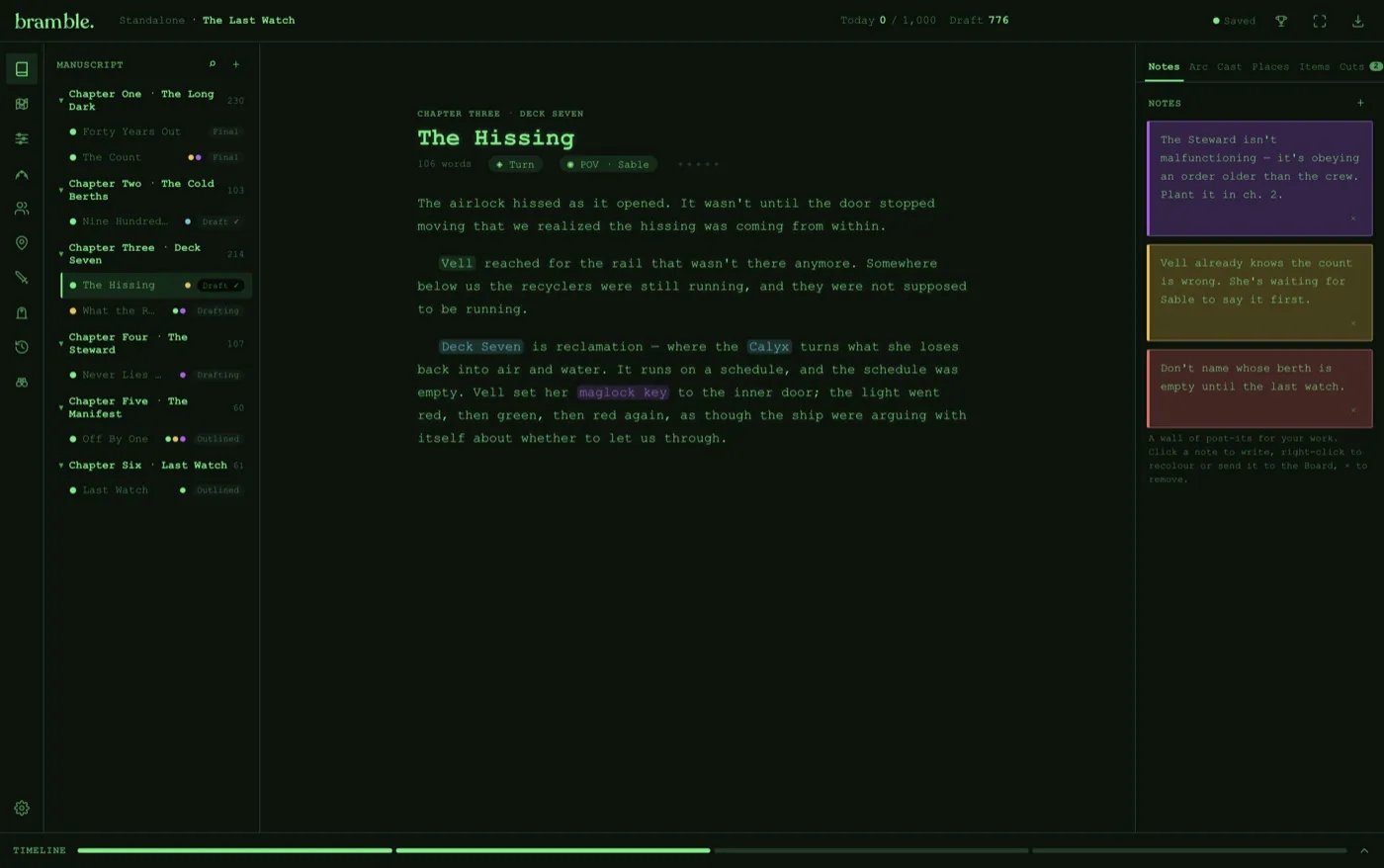The Sci-fi desk theme in Bramble: green terminal type on a deep space-dark page